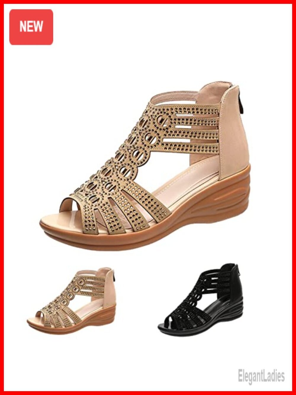 Faux Leather Rhinestone Glitter Wedge Sandals with Zipper Back